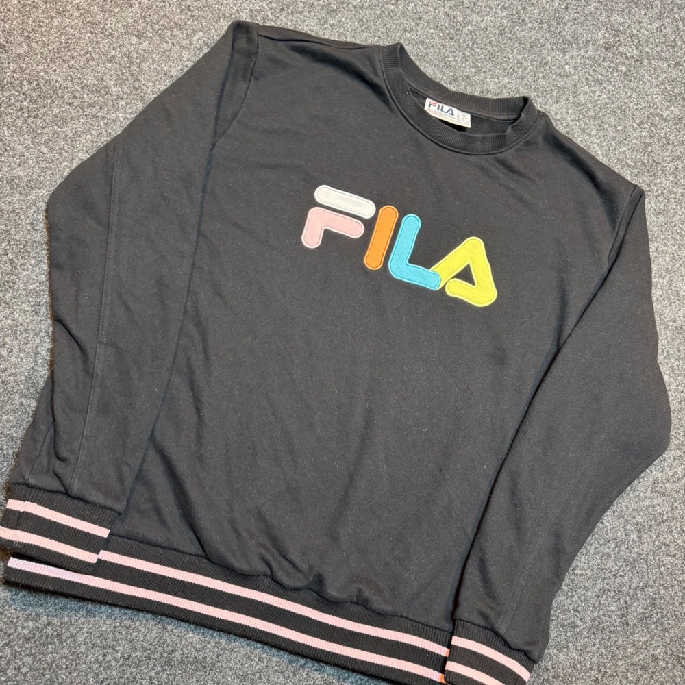 Fila Mens XXL Black Crewneck Sweatshirt Multi Color Logo Pink Striped Trim - Picture 2 of 6